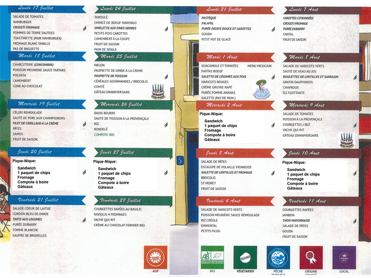 Menus de cantine du 2 octobre au 3 novembre 2023