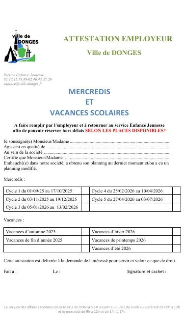 IMPRIME ATTESTATION EMPLOYEUR - RESTAURATION / ACCUEIL PÉRISCOLAIRE / MERCREDIS / VACANCES